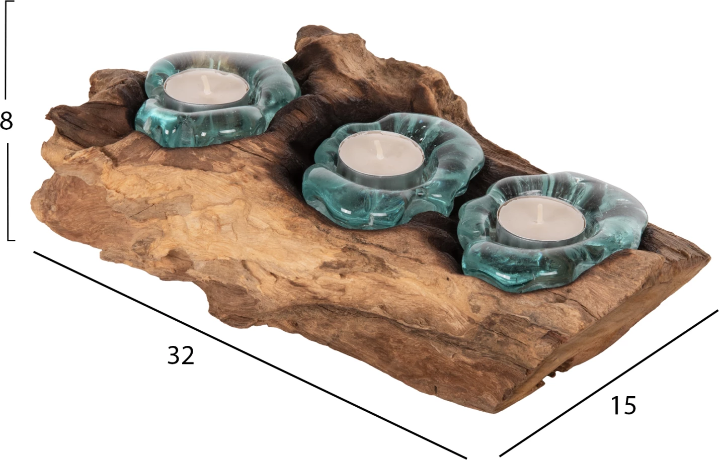 Dekor Tavoline FH4282 bazë qirinjsh-3 vende-dru TEAK i fortë dhe qelq-natyral