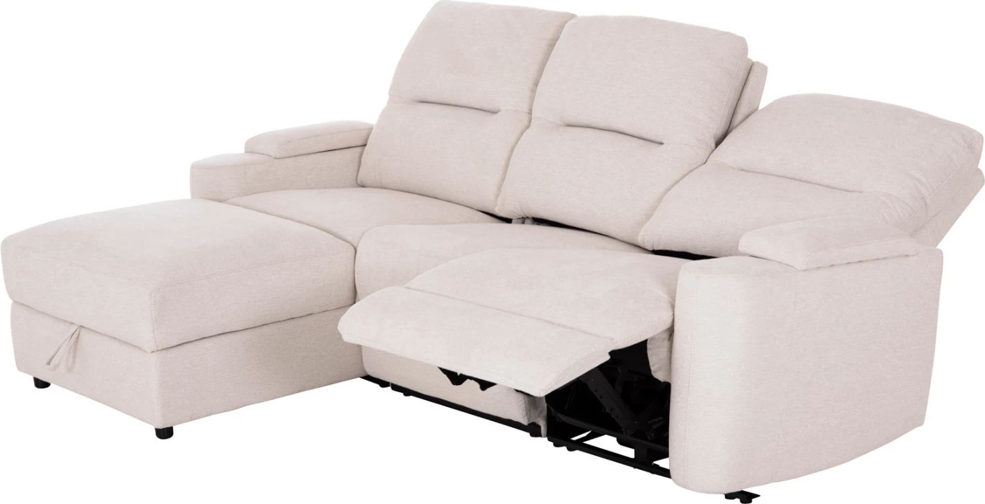 Këndare e majtë SYNTHIA, me recliner elektrik dhe hapësirë për depo, material bezhë, 246x159x97cm