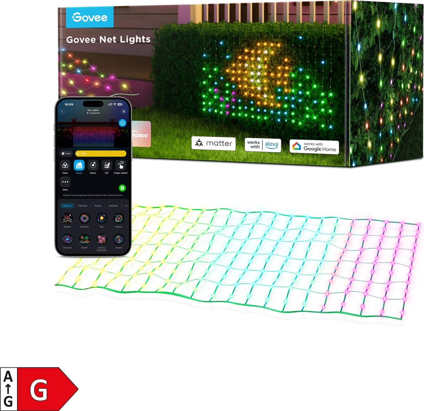 Drita rrjetë LED Govee Net Lights, RGBIC 240 LED, 0.85 x 1.43 m, Bluetooth, IP65