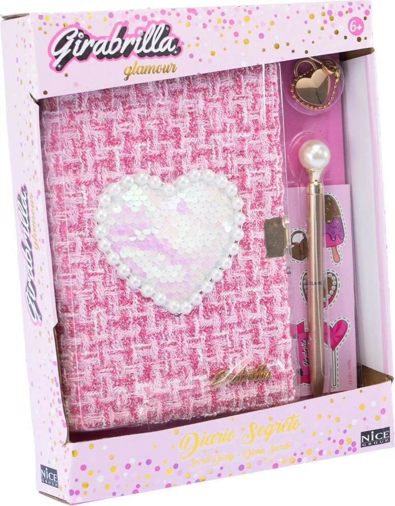 Ditar Nice Girabrilla me zemër sequins, me çelës dhe stilolaps, Rozë