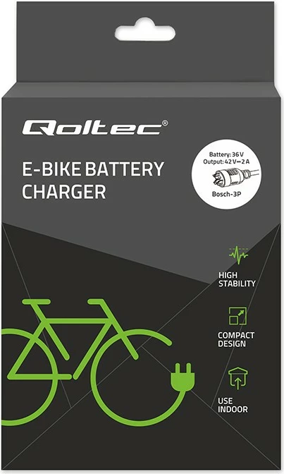 Karikues baterie për biçikletë elektrike, Qoltec, 52613, 42V 2A 84W (për bateri 36V Li-ion), Bosch 3-pin, i zi, me kabllo
