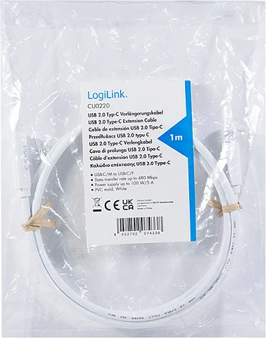 Kabllo USB Type-C LogiLink C/M në C/F, USB 2.0, 2 m, 100W, e bardhë