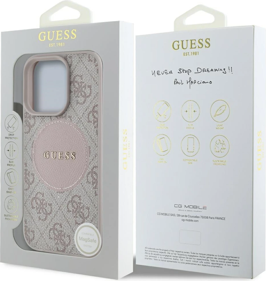 Mbështjellës Guess 4G Circle Classic Logo MagSafe për iPhone 16 Pro, Rozë