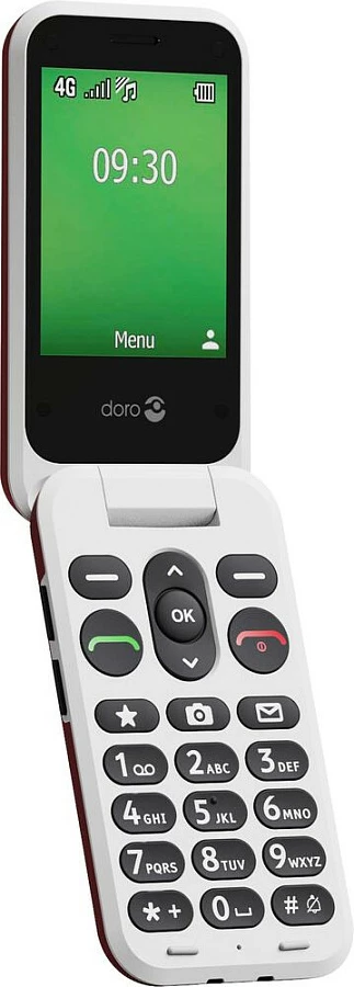 Celular Doro Leva E30, kapak (clamshell), Single SIM, ekran 2.8", bateri 1150 mAh, kuqe/bardhë