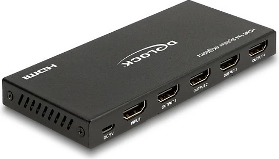 HDMI splitter DeLOCK 1×4, 4K 60Hz, me downscaler, USB powered, i zi