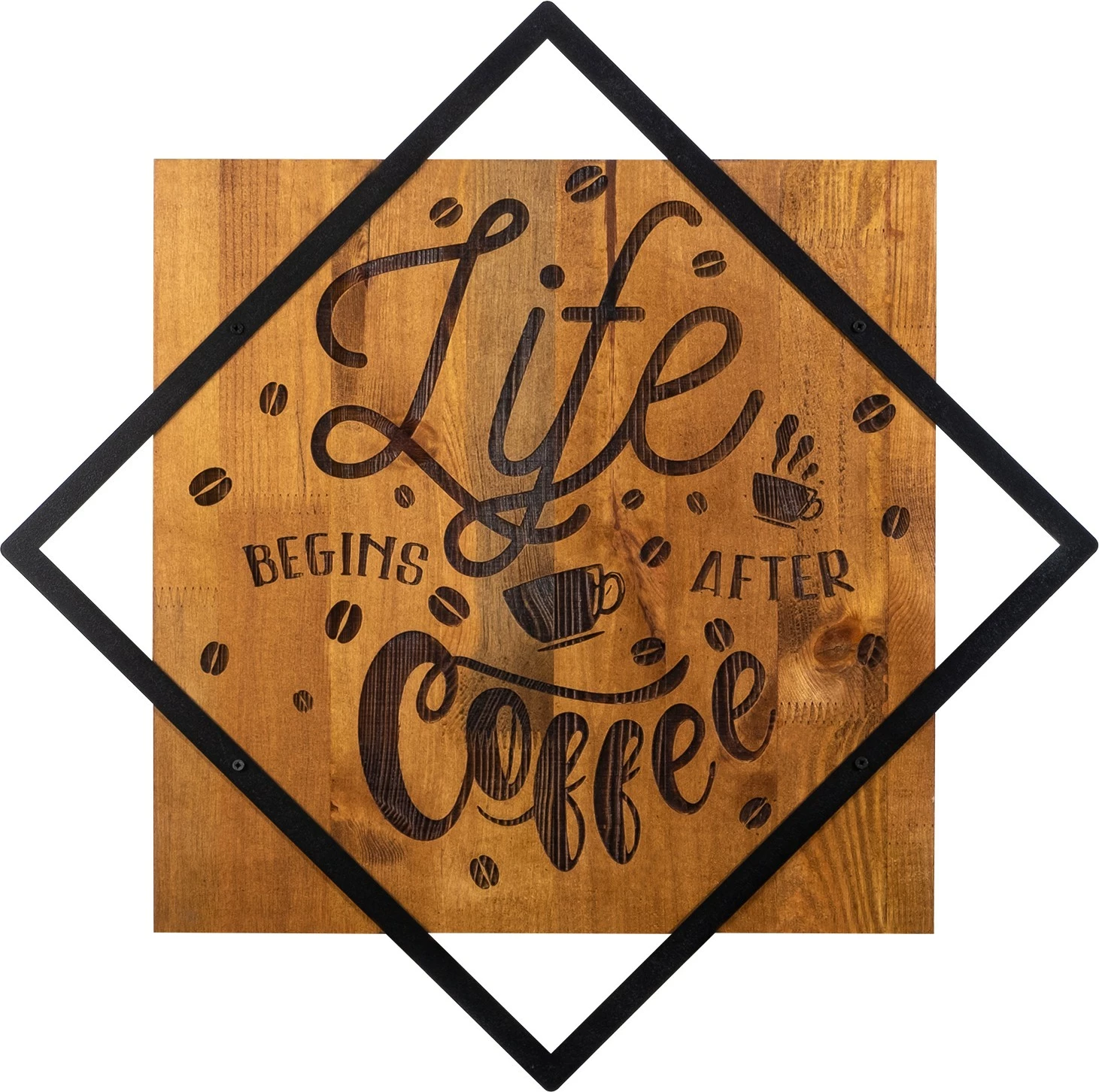 Aksesor dekorativ për mur, dru, ‘Life Begins After Coffee’, Wallity, ngjyrë arre, e zezë, 54x54cm