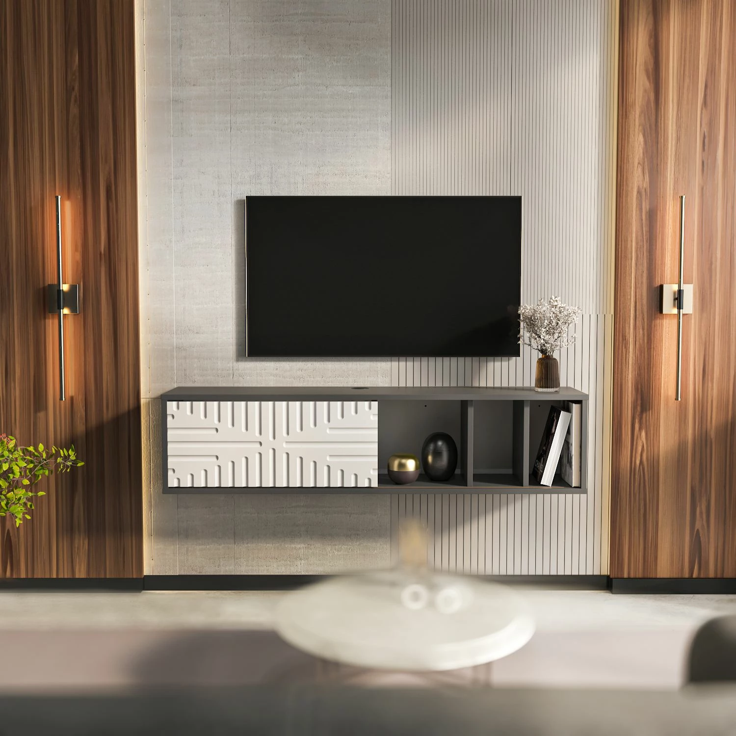 Komodë TV lëvizëse Teo, ngjyrë antracit dhe e bardhë, Skye Decor