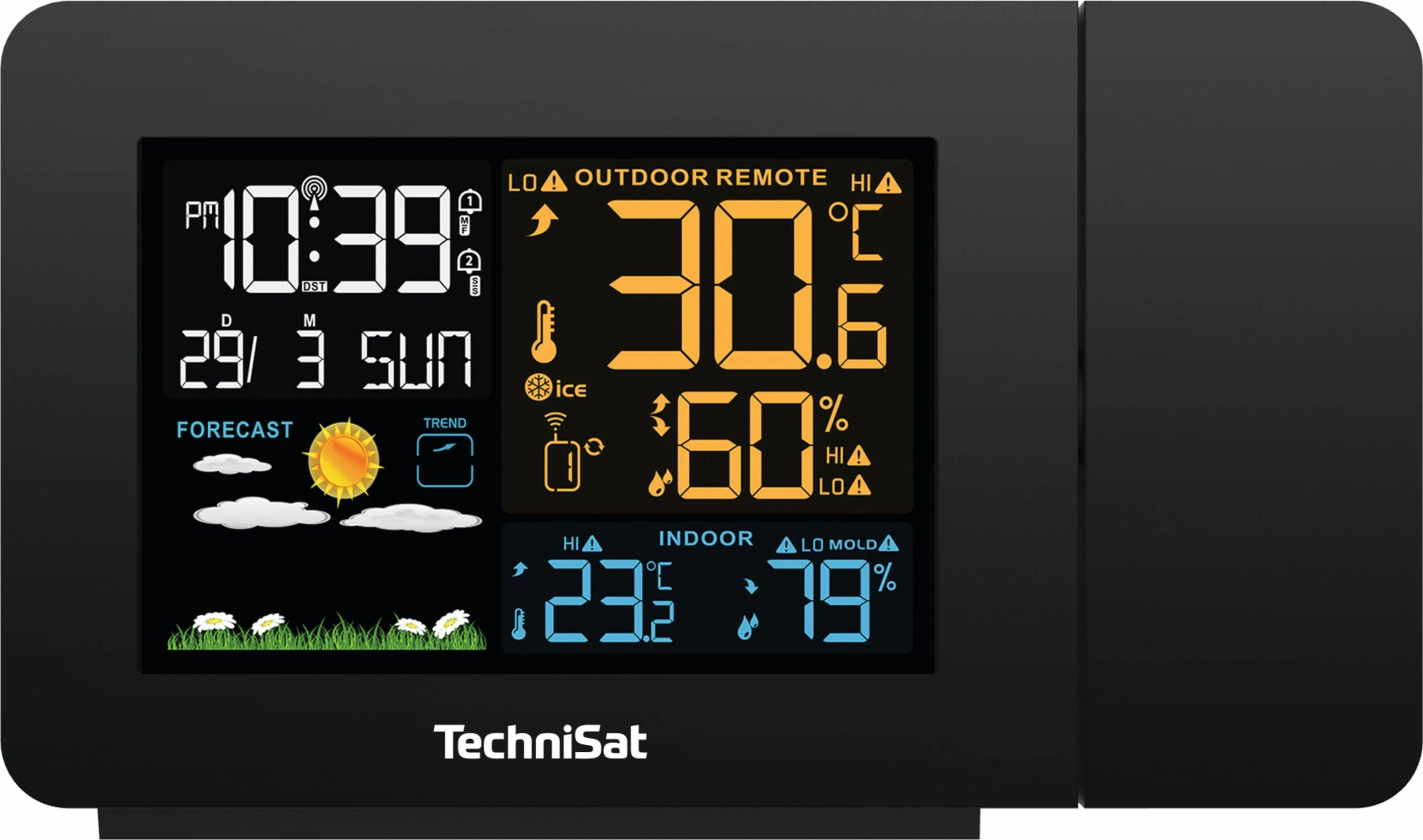 Stacion moti TechniSat iMETEO P1 (76-4967-00), me projektor, LCD i ndriçuar, sensor i jashtëm, i zi
