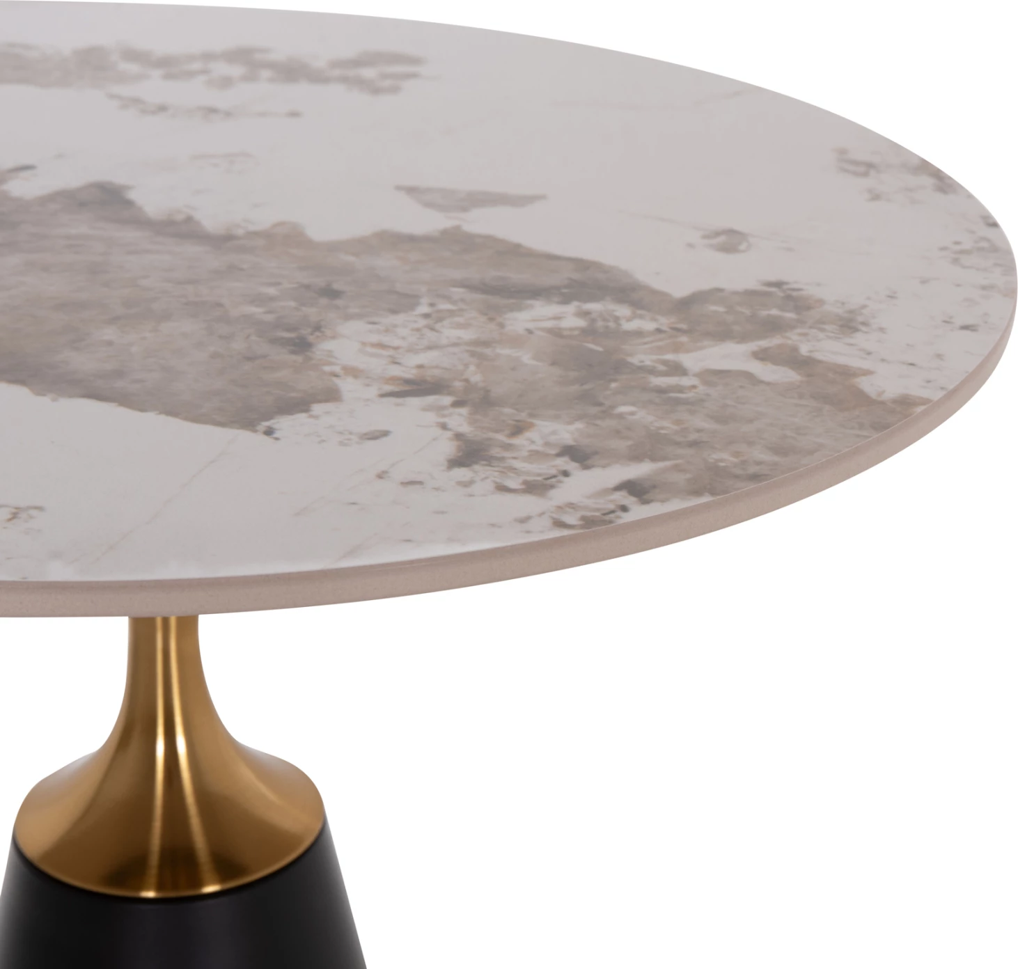 Tavolinë anësore Tucana, bazë metalike e zezë, detaje ari, sipërfaqe guri Pandora