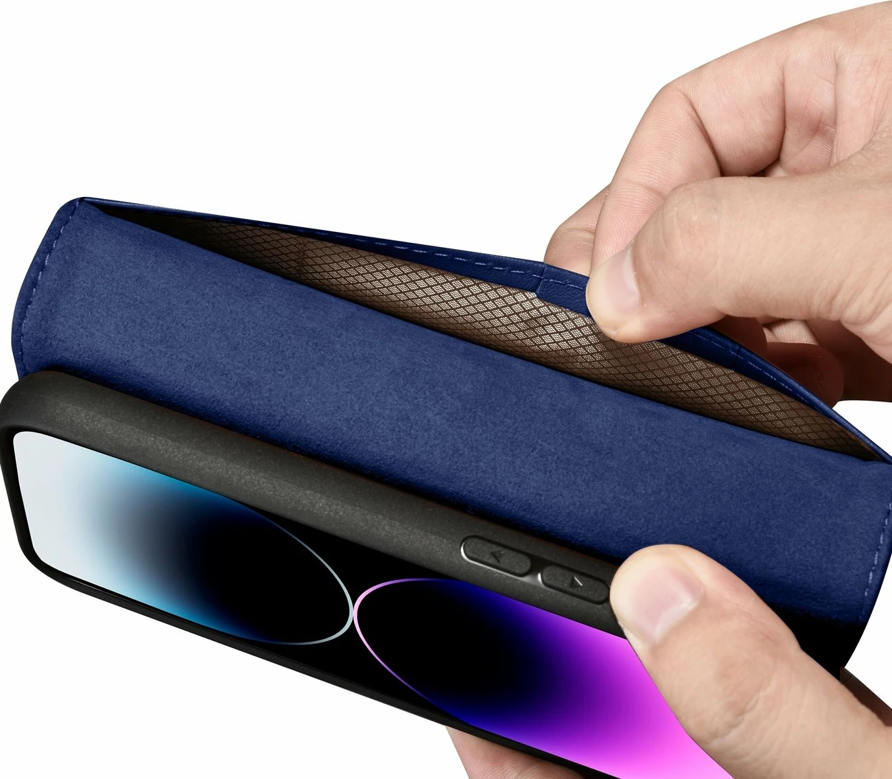 Mbështjellës iCarer Wallet Case 2in1 për iPhone 14 Pro, lëkurë natyrale, Anti-RFID, Blu