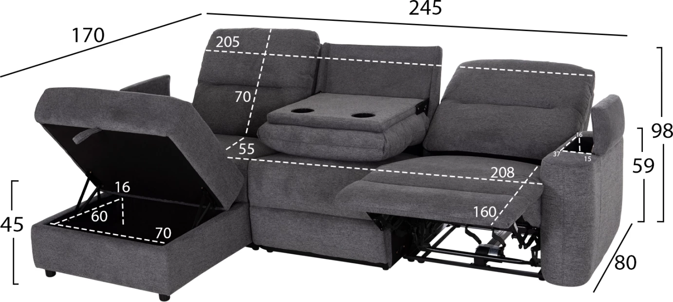 Këndare e majtë SYNTHIA, 3 vende, stof gri, me recliner elektrik dhe hapësirë për depo, 246x159x97cm