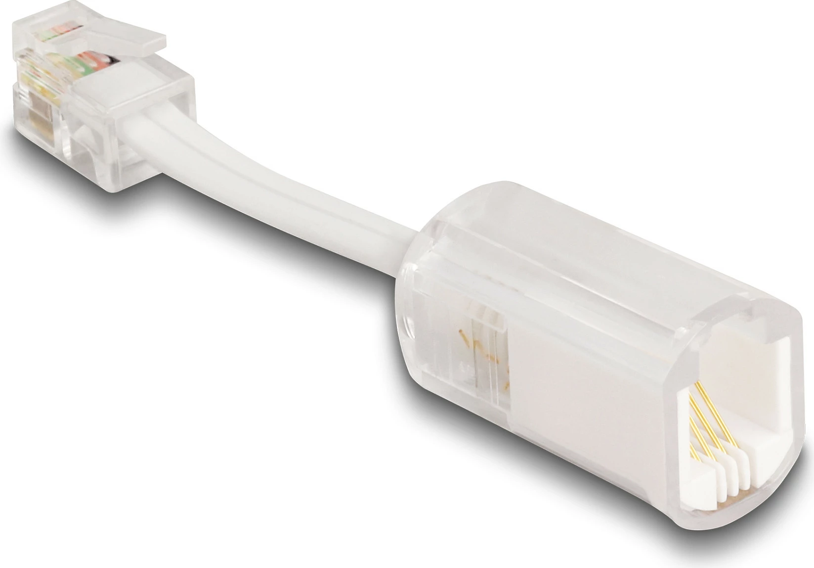 Adapter kabllo telefoni DeLOCK RJ10 mashkull në RJ10 femër, rrotullues 360°, 3 cm, transparent/bardhë