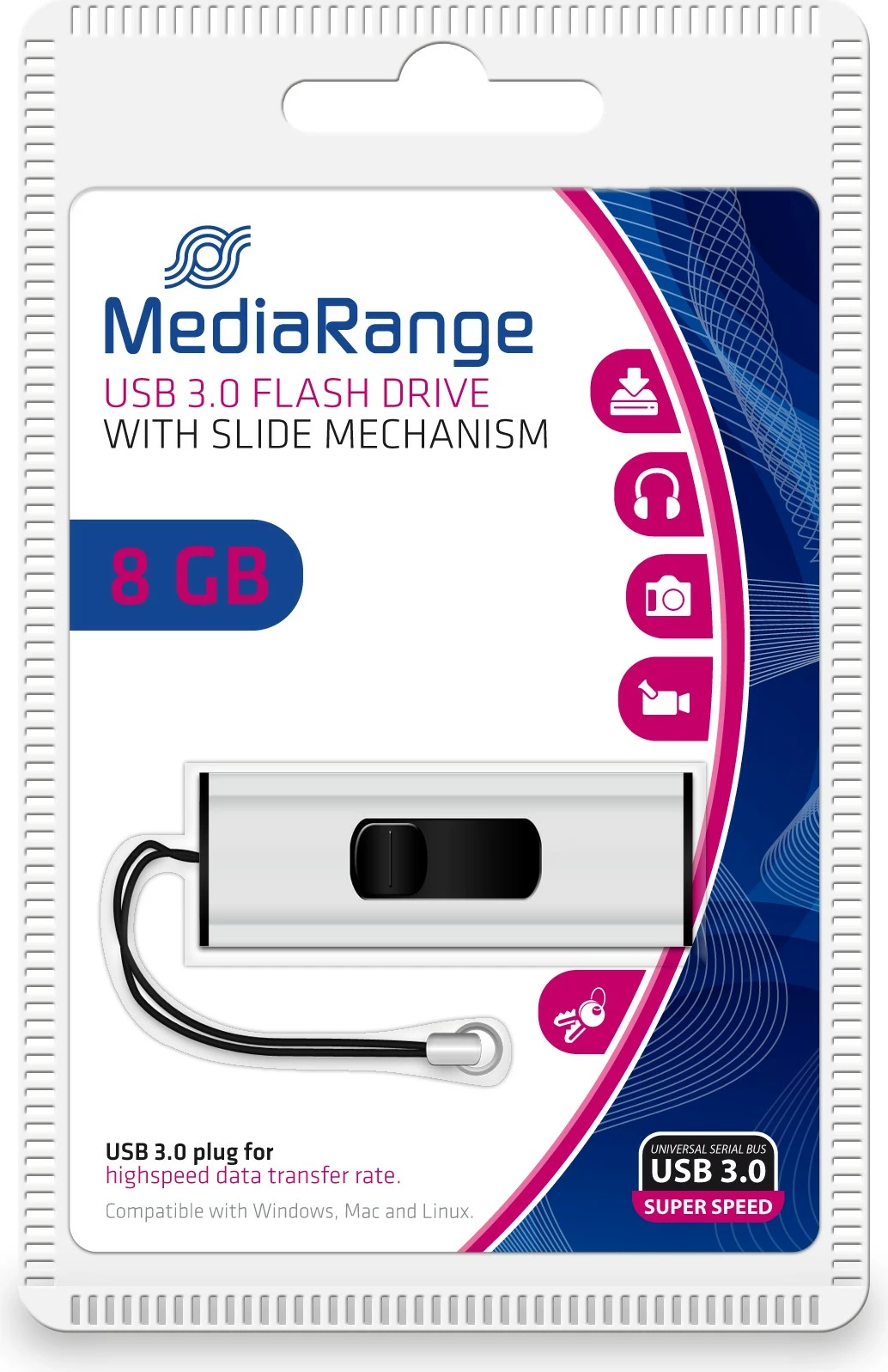 USB stick MediaRange MR914 8GB, USB 3.2, slide, zi/argjendtë