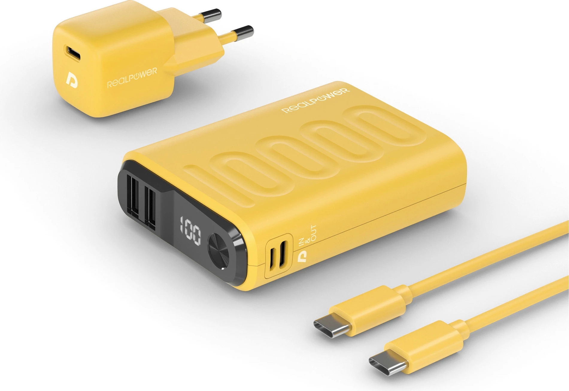 Powerbank Realpower Ultron PB-10000, 10000 mAh, USB-C PD, e verdhë