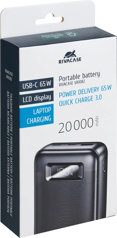 Powerbank RIVACASE VA1082 Turbo, 20000 mAh, 65W, PD 3.0/QC 3.0, e zezë