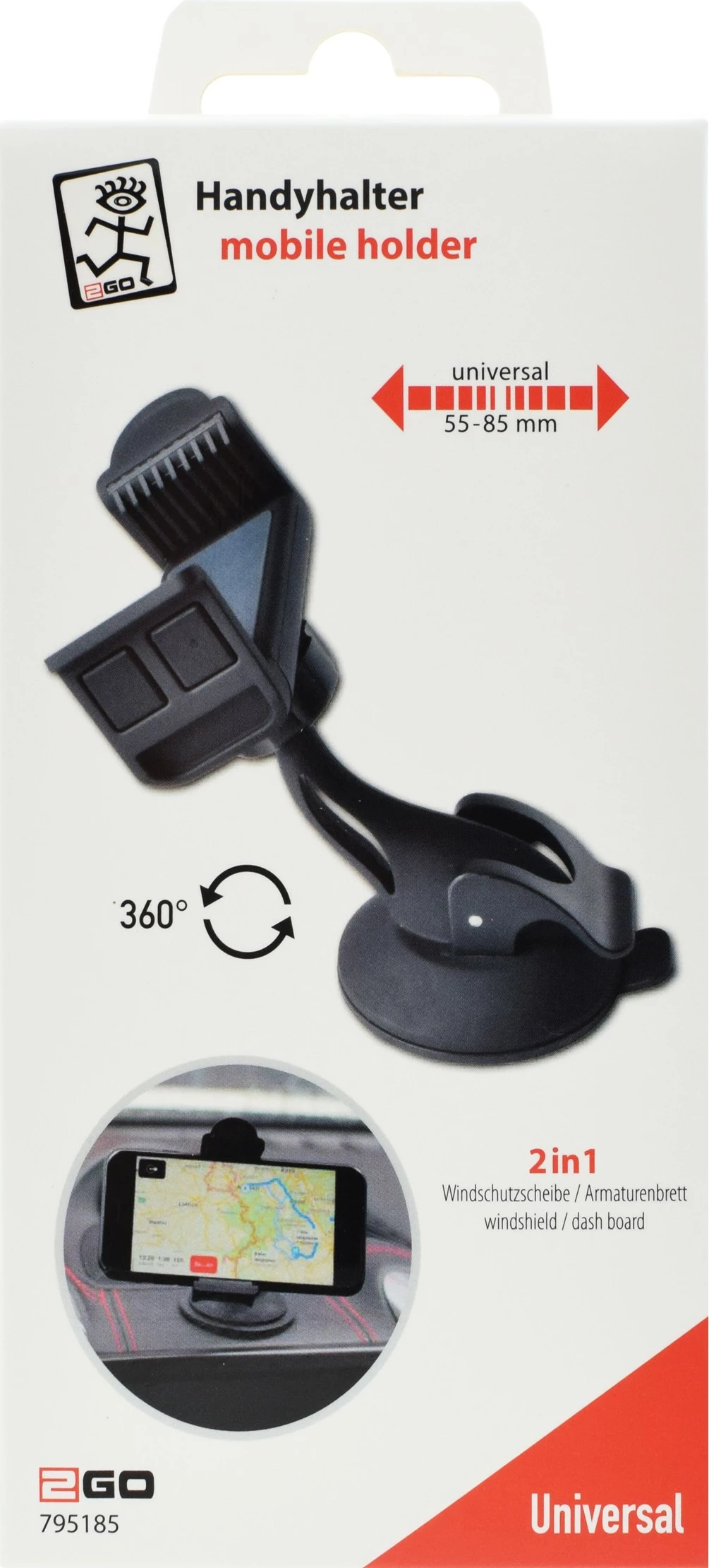 Mbajtës pasiv 2GO 795185 për celular ose navigator, 360°, me kapëse vakumi, i zi