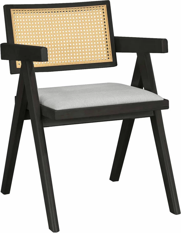 Karrige me krahë Winslow, dru rubberwood i zi, ratan PVC natyral, material gri, set prej 2 copë