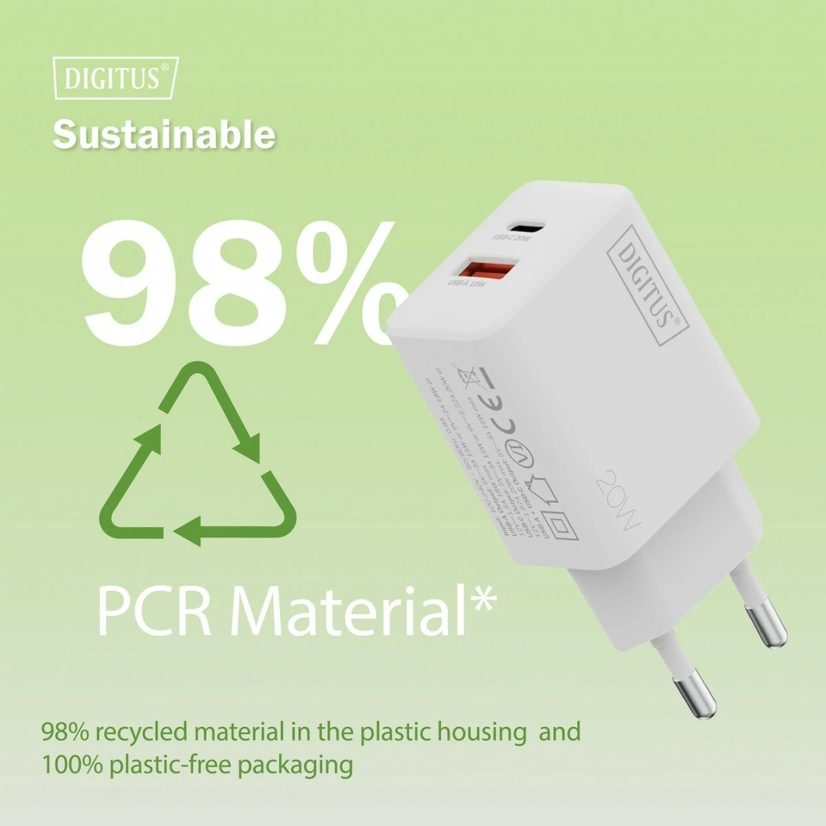 Karikues murale USB 20W, Digitus DA-10300, 1x USB-C + 1x USB-A, i bardhë