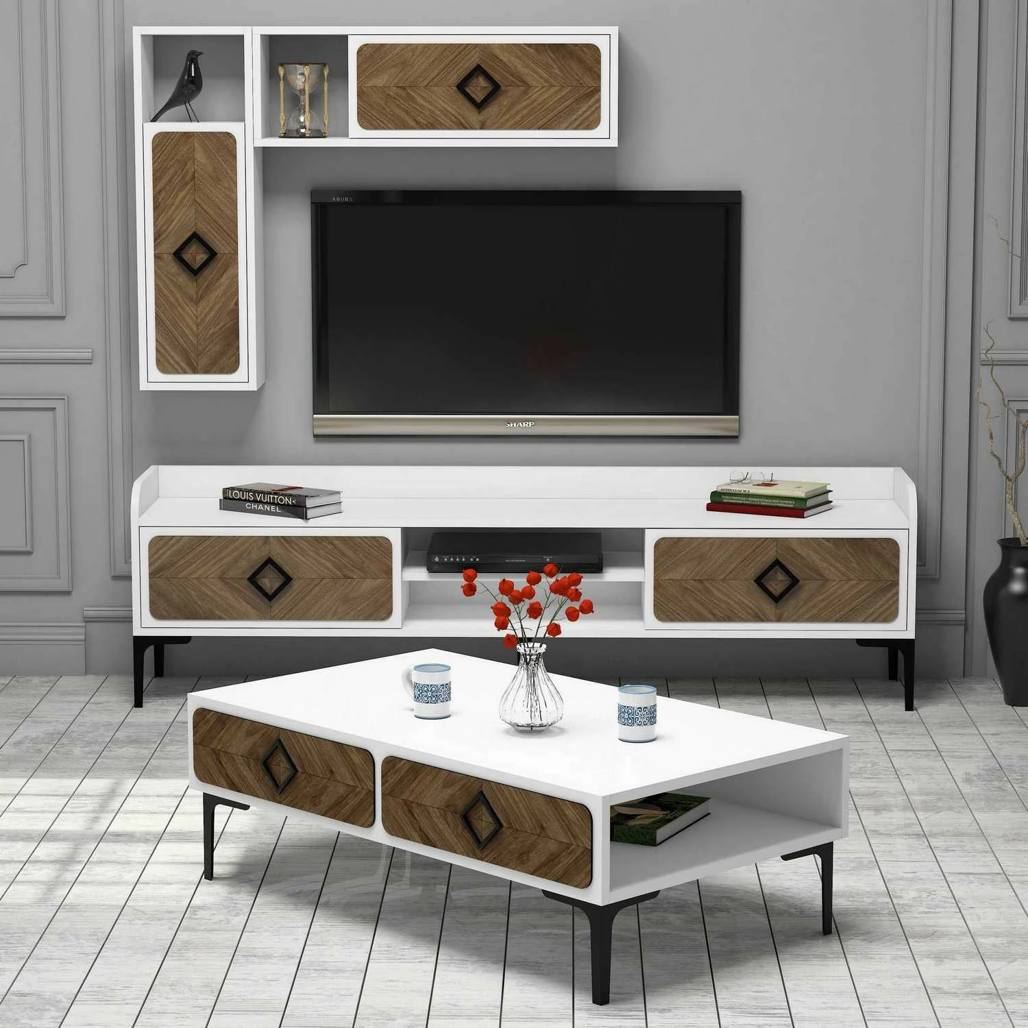 Set mobiljesh për dhomë dite, Skye Decor, Samba, bardhë-dru arre