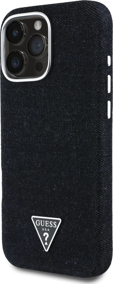 Mbështjellës Guess Denim Triangle Logo MagSafe për iPhone 16 Pro, i zi