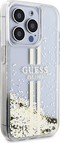 Mbështjellës Guess Liquid Glitter Gold Stripes për iPhone 15 Pro, Transparent
