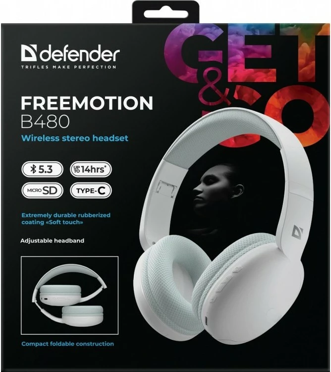 Kufje pa tela, Defender FreeMotion B480 (63481), Bluetooth 5.3, mikrofon, microSD/AUX, 14 orë, të bardha