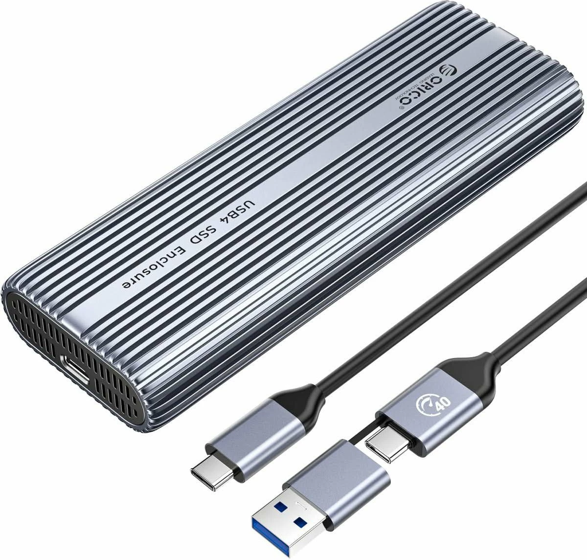 Kasë e jashtme për SSD M.2 NVMe Orico ACOM2-U4-GY-BP, USB-C 40Gbps, me ventilator, alumini, me kabllo C‑to‑C + adapter C‑to‑A, argjendtë