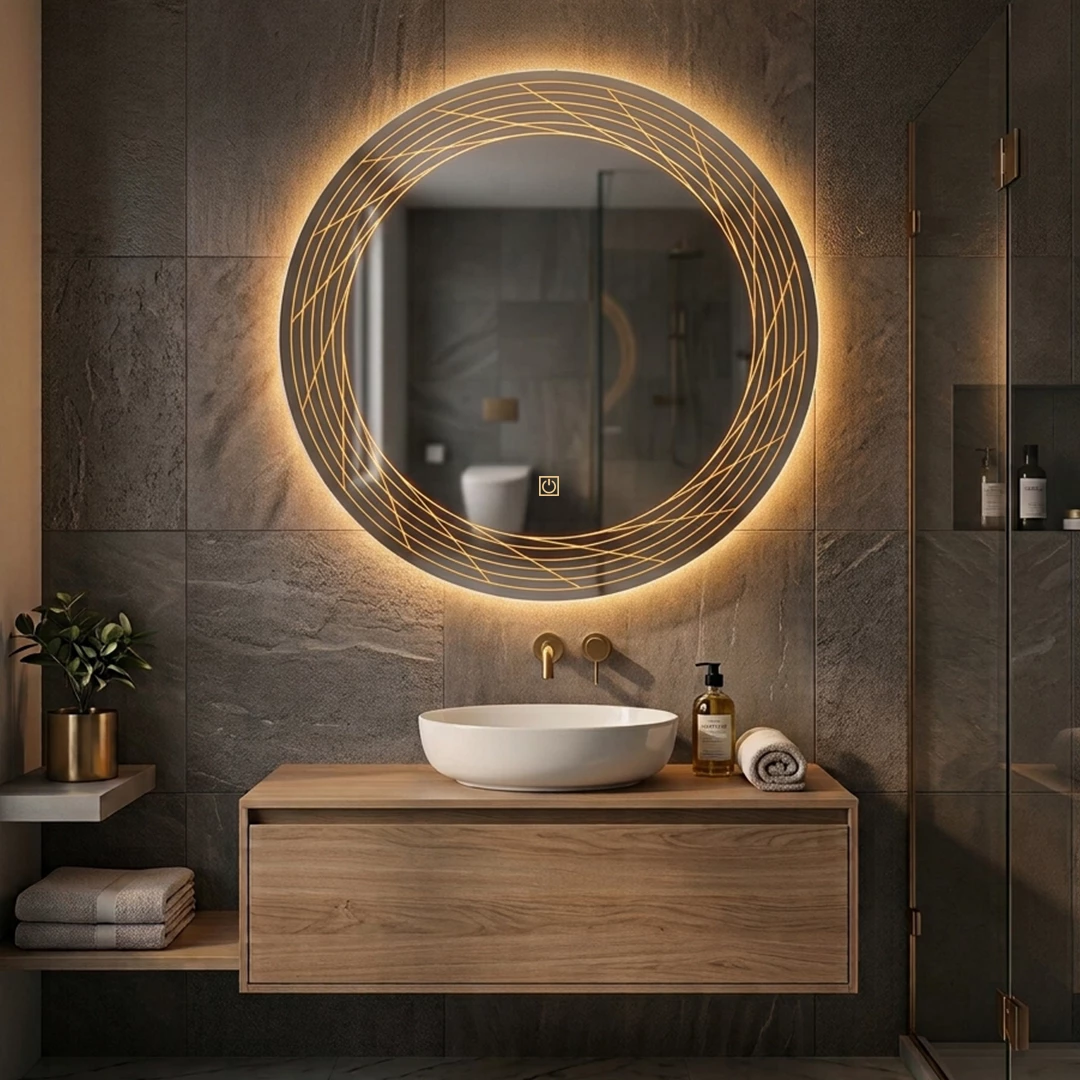Pasqyre me LED dhe Touch Sensor, Modeli Blackhole (LED i Ngrohte / LED i Ftohte) - Pasqyre per Banjo Rrethore [Madhësia: 70 cm] [Ngjyra e LED-it: E ngrohtë]