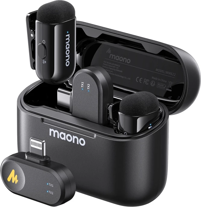 mikrofon wireless Maono WM622 PBC2 me 2 transmetues, marrës Lightning & USB-C, 48kHz/16-bit, reduktim zhurme me AI, deri 100 m, kuti karikimi, e zezë