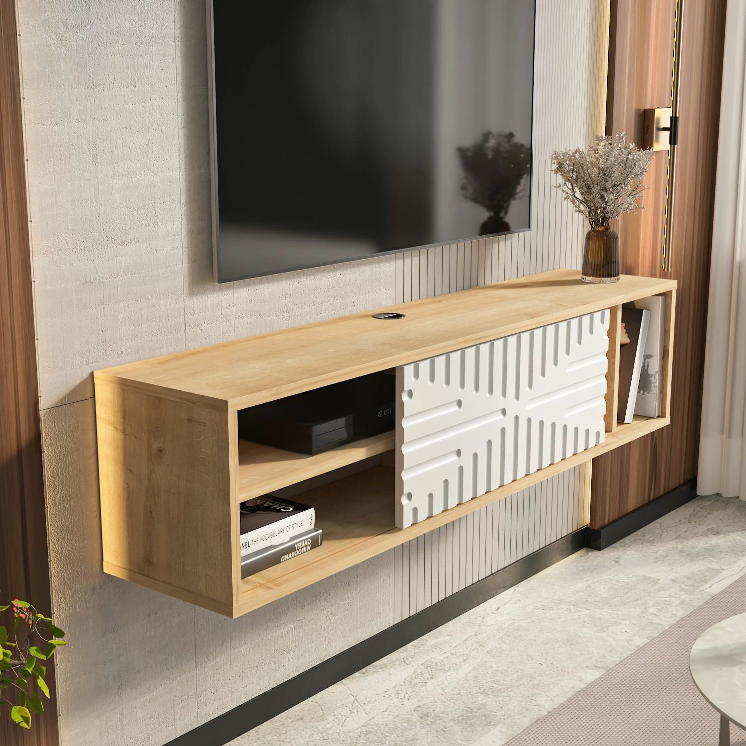 Komodë TV Skye Decor, e varur, ngjyrë lis safir dhe e bardhë