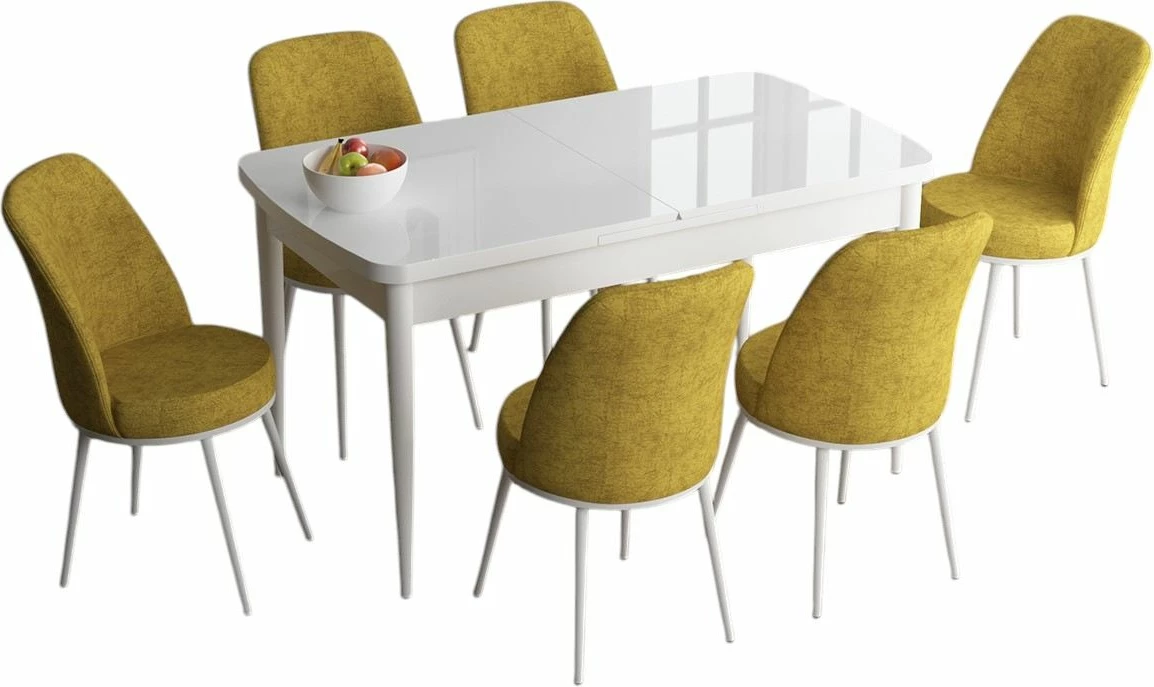 Tavolinë me karrige, zgjatshme, 7 copë, ngjyrë e bardhë dhe mustard, Skye Decor Han