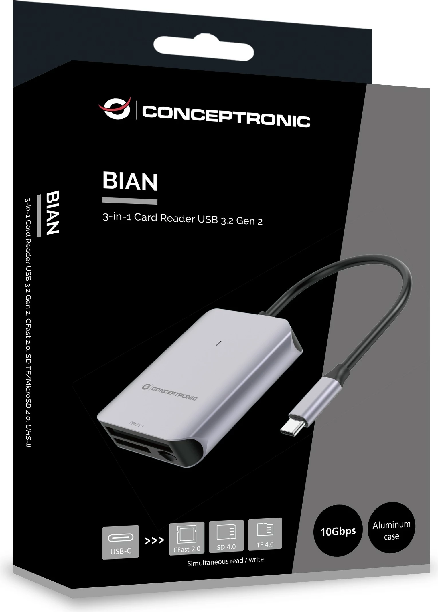 Lexues kartash Conceptronic USB-C3.2, SD/TF4.0/CFast2.0, zi