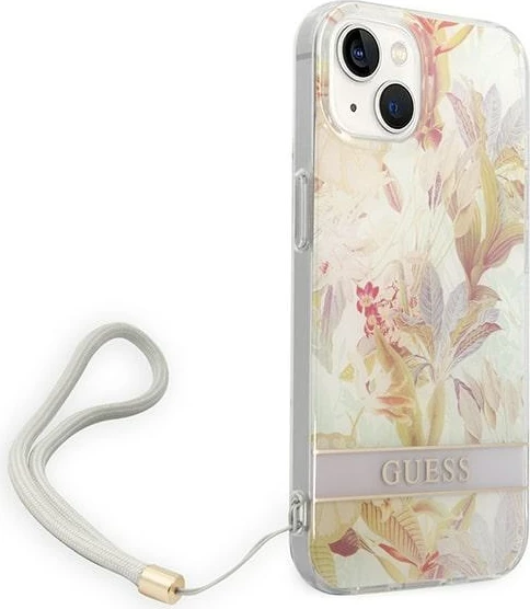 Mbështjellës Guess GUOHCP14MHFLSU për iPhone 14 Plus 6.7", Flower Strap, vjollcë