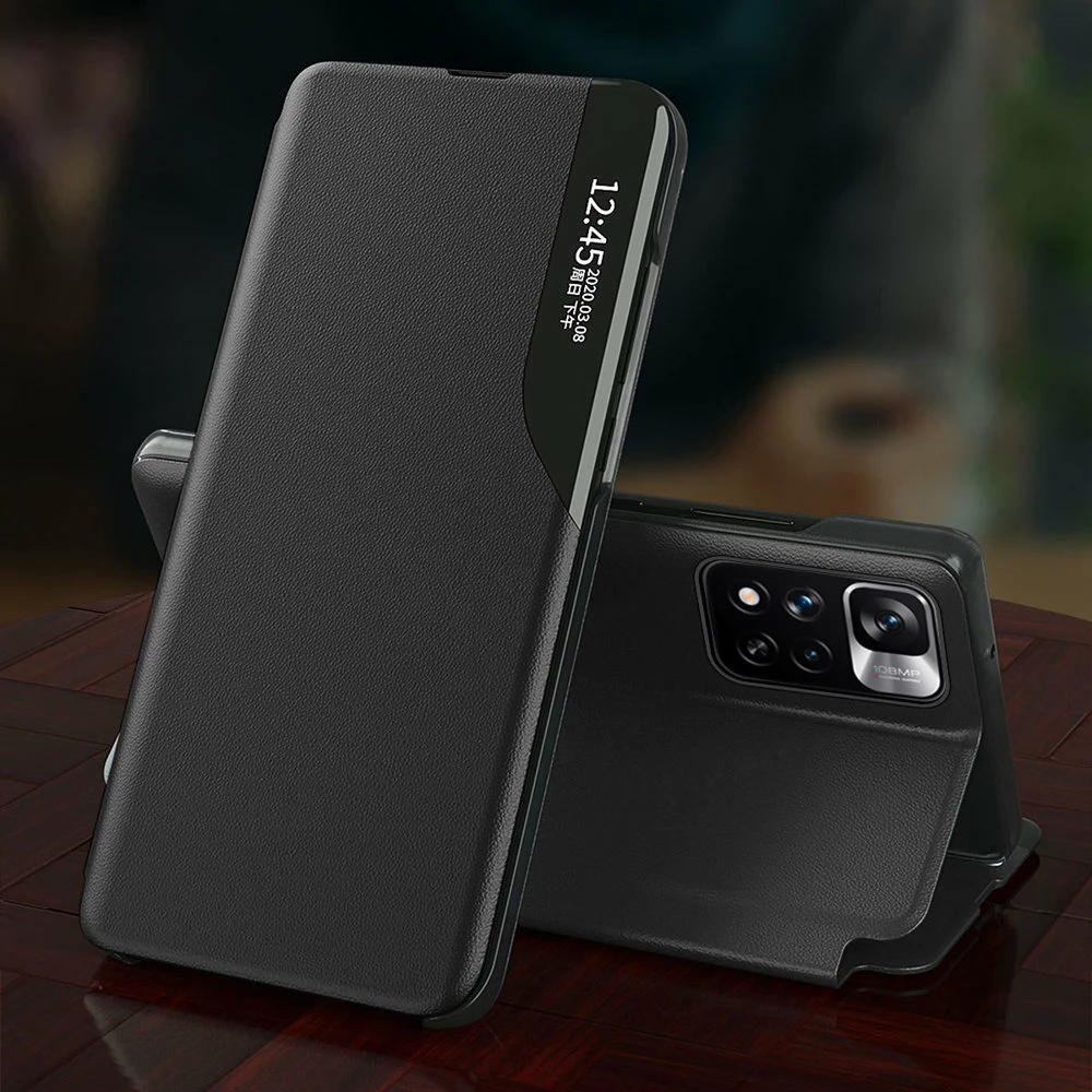 Mbështjellës Hurtel Eco Leather View Case për Poco M4 Pro 5G/Redmi Note 11S 5G/Note 11T 5G, me kapak, funksion stand, e zezë