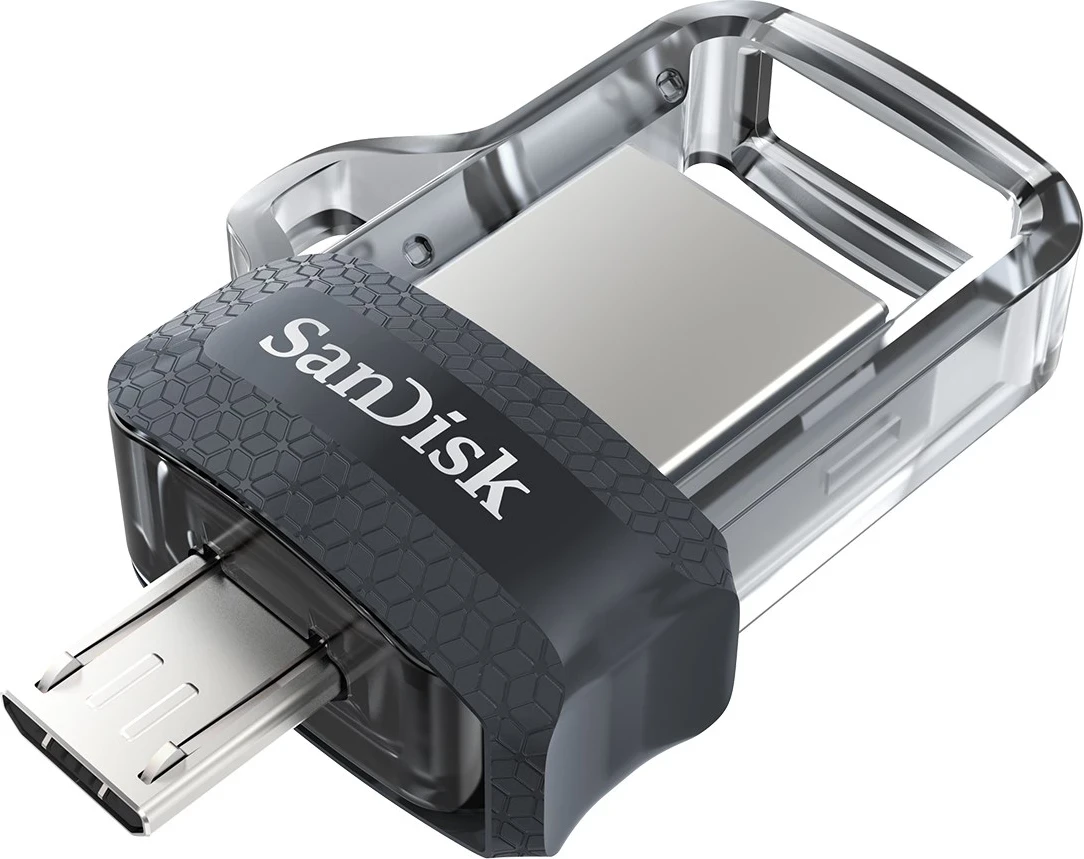 USB Flash SanDisk Ultra Dual m3.0, 64 GB, USB Type-A / Micro-USB 3.2 Gen 1 (3.1 Gen 1), E zezë, Argjendtë, Transparent