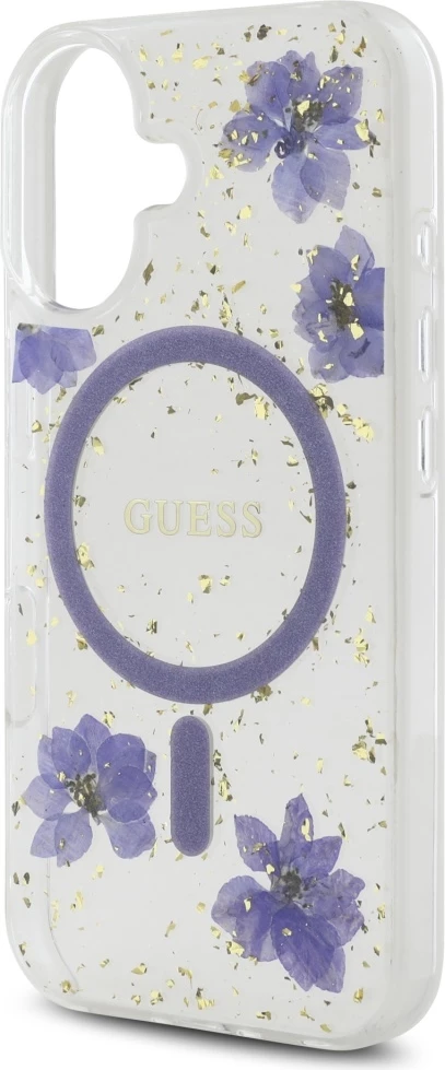 Mbështjellës Guess Resin Flowers Glitter MagSafe për iPhone 16, Vjollcë