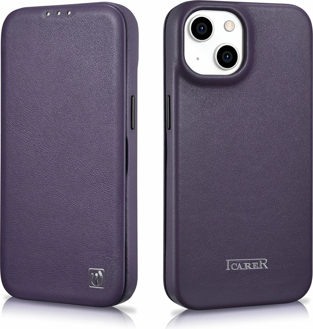 Mbështjellës iCarer CE Premium lëkurë, për iPhone 14 Plus, MagSafe, vjollcë e errët