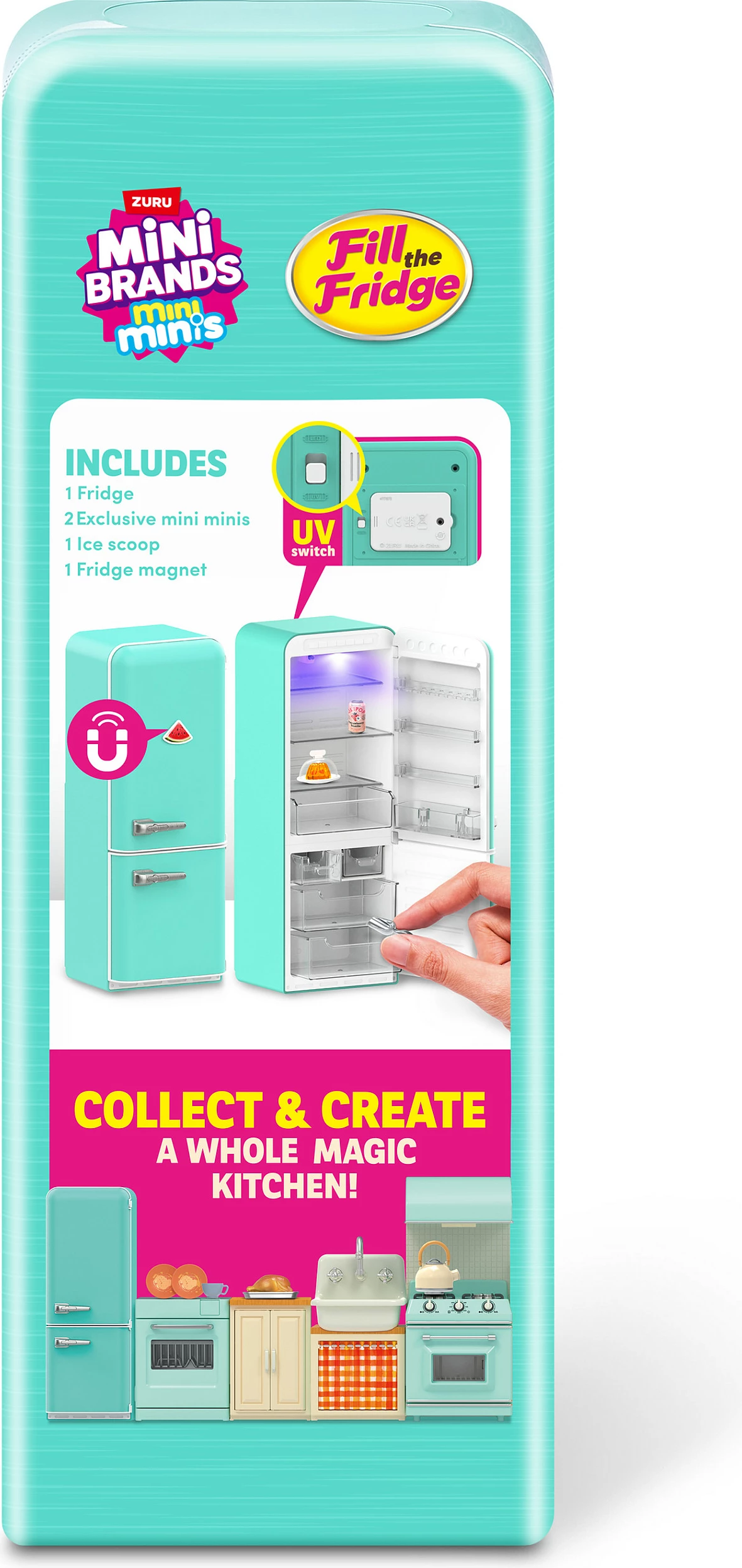 Set lodrash frigorifer mini ZURU Mini Brands Fill The Fridge, me dritë UV, 3 bateri, shumëngjyrësh