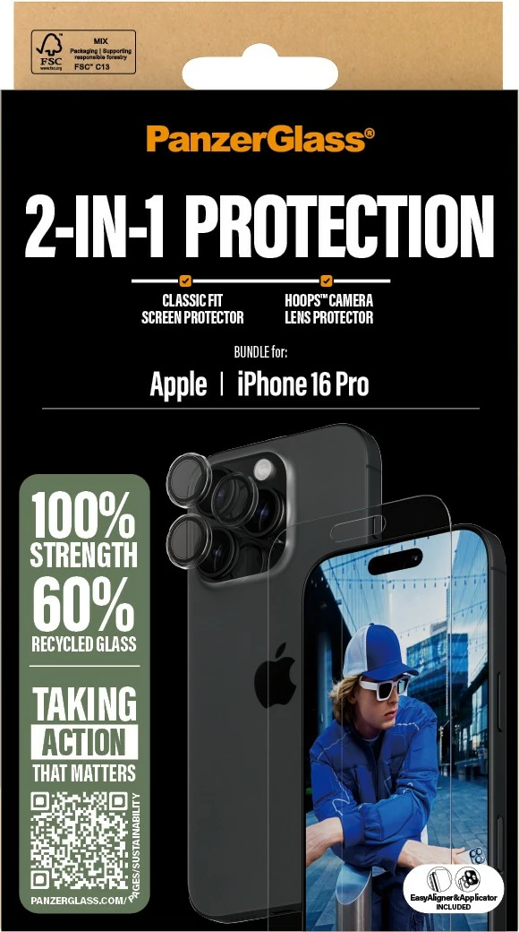 Mbrojtës ekrani PanzerGlass për iPhone 16 Pro, set 2-në-1, transparent