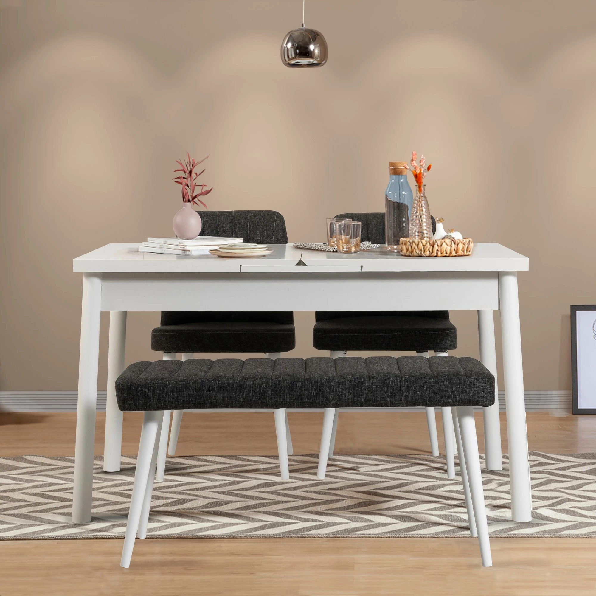 Set tavolinë me karrige, zgjatës, 4 pjesë, Skye Decor, e bardhë-antracit