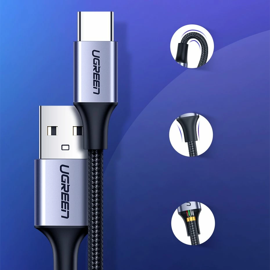 Kabllo Ugreen US288 60125 USB-A në USB-C, 0.5m, QC 3.0, Gri