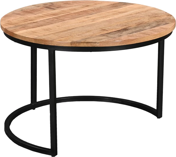 Set tavolina kafeje Frina, 3 copë, dru mango natyral, këmbë metalike të zeza