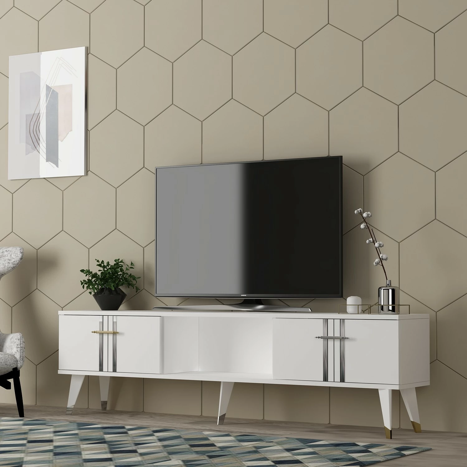Komodë për TV Skye Decor, e bardhë, argjend