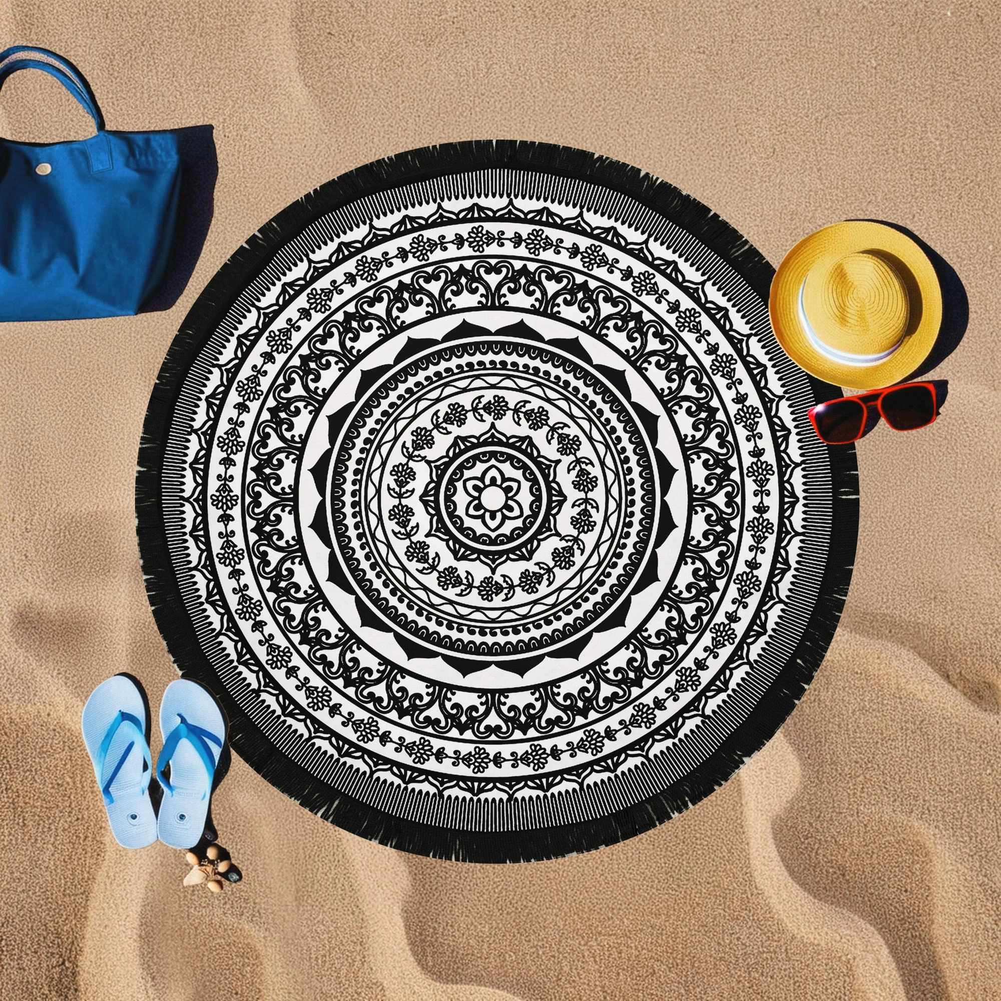 Peshqir plazhi Mijölnir, mandala e zezë, 150x150cm