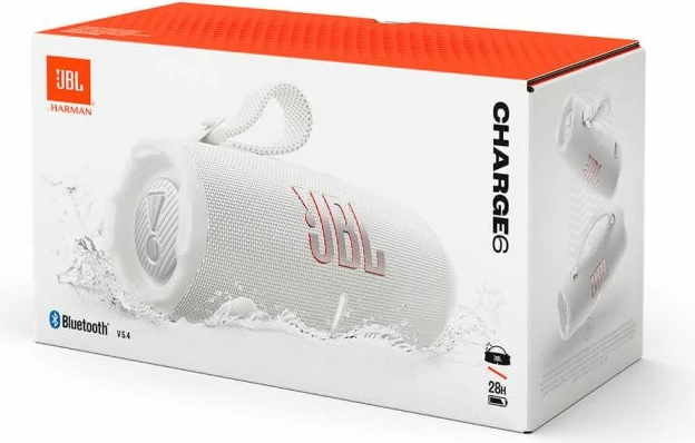 Altoparlant Bluetooth portativ JBL Charge 6, deri 28 orë, IP68, power bank, i bardhë