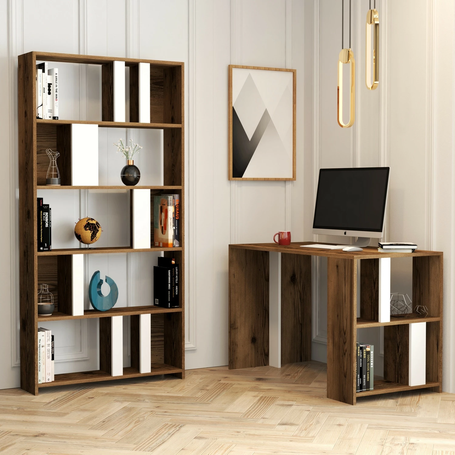 Tavolinë studimi me raft librash Skye Decor, ngjyrë arre dhe e bardhë