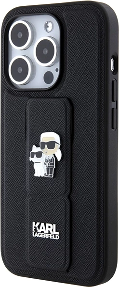 Mbështjellës Karl Lagerfeld Gripstand Saffiano Karl&Choupette Pins për iPhone 13 Pro/13, i zi