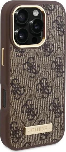 Mbështjellës Guess 4G Logo Plate MagSafe për iPhone 16 Pro, Kafe