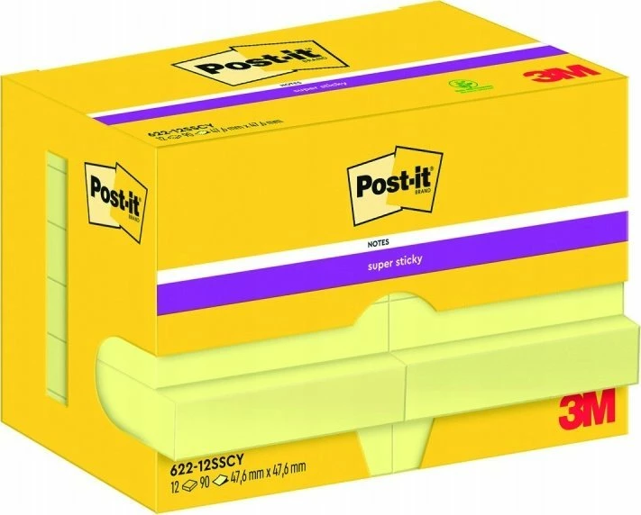Shënime ngjitëse Post-it 3M Super Sticky 622-12SSCY-EU 47.6x47.6 mm 12x90 copë, të verdha