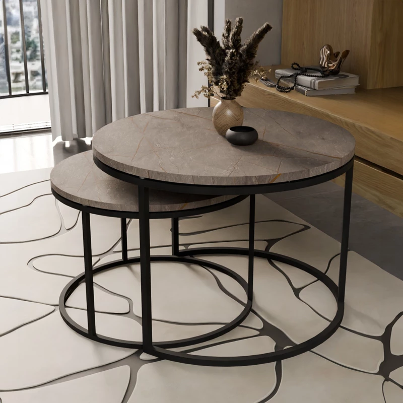Tavolina kafeje Solme set 2 copë mermer gri melaminë-metal i zi